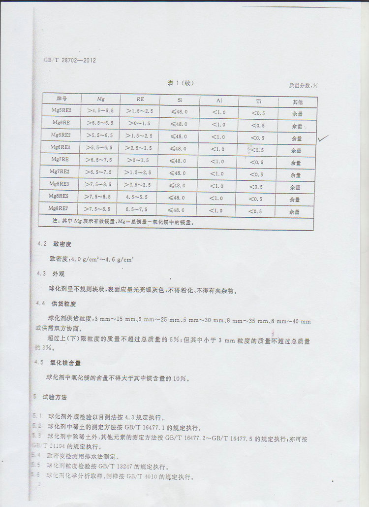 球化劑國家標準GB/T 28702-2012