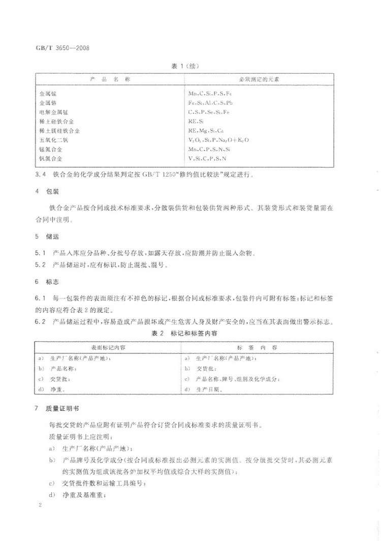 鐵合金驗收、包裝、儲運、標志和質(zhì)量證明書的一般規(guī)定國家標準GB/T 3650-2008